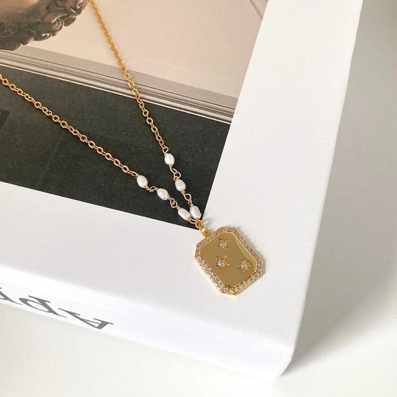 Jewelry - Dainty Star Rectangle Pendant Necklace with Pearls and Zircon Detailed